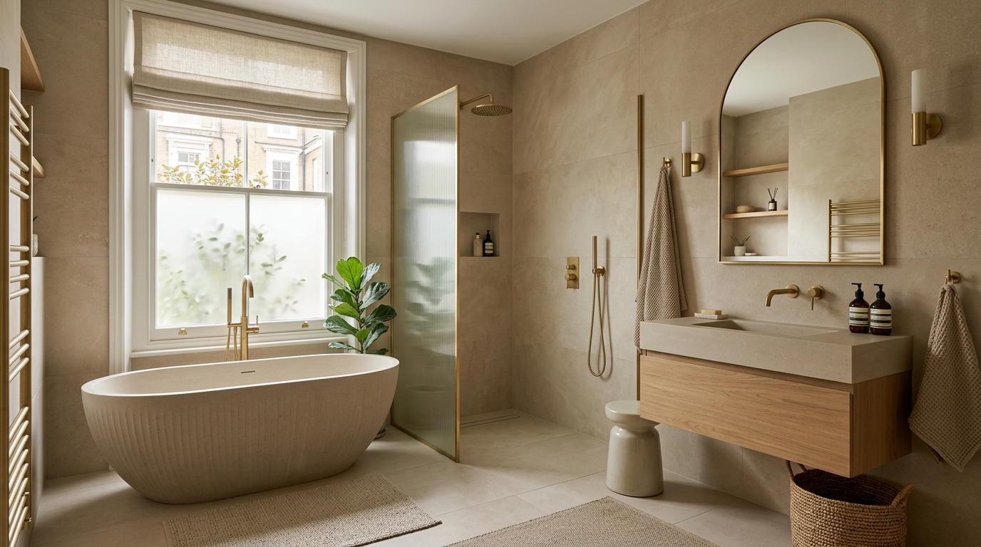 Renovated London bathroom with warm porcelain tiles, a freestanding bath and brushed brass fixtures