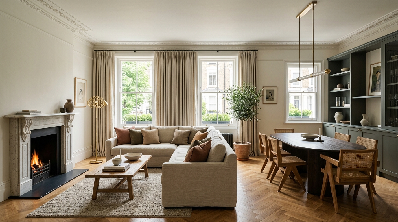 Fully renovated open-plan living and dining room in a London period home with restored cornicing and oak herringbone flooring