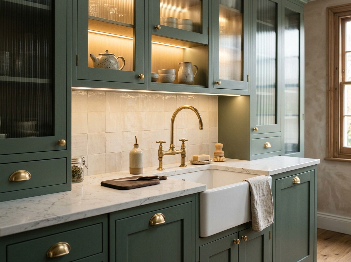 Bespoke London kitchen renovation with sage shaker cabinetry, brass handles and a marble-look quartz worktop