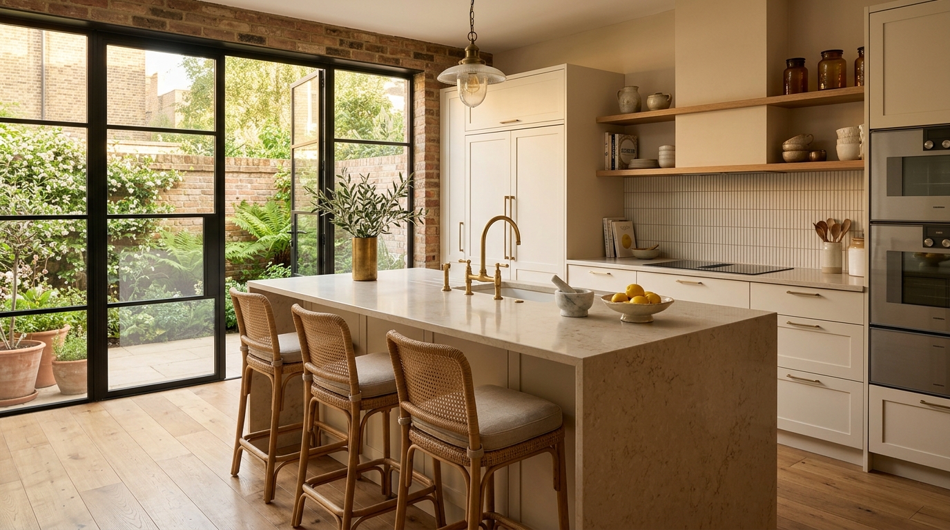 Newly renovated open-plan London kitchen at golden hour with an island, quartz worktop and Crittall-style garden doors